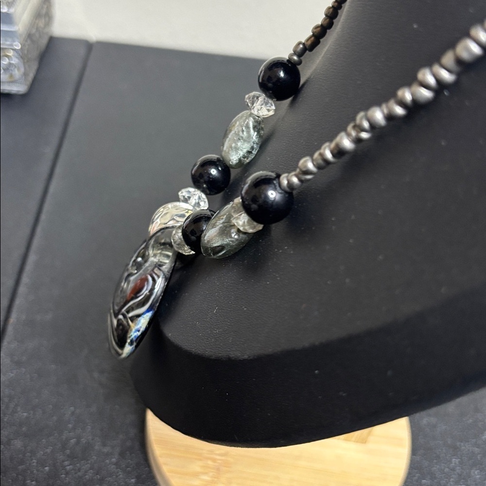 Chunky Boho Lampwork Glass Pendant Necklace Silver Tone Beaded - Picture 3 of 9